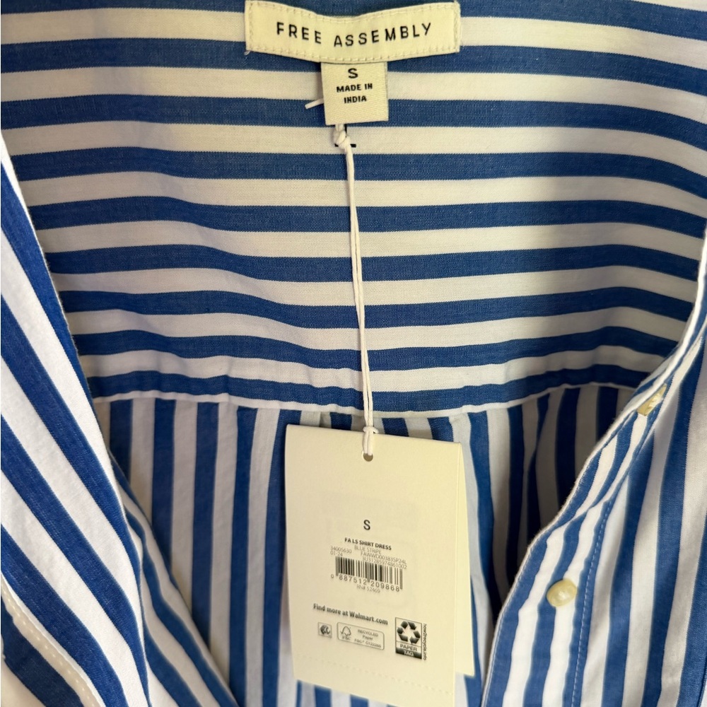 Striped Blue & White Collard Shirt Dress with Tie Waist Free Assembly - Picture 5 of 5